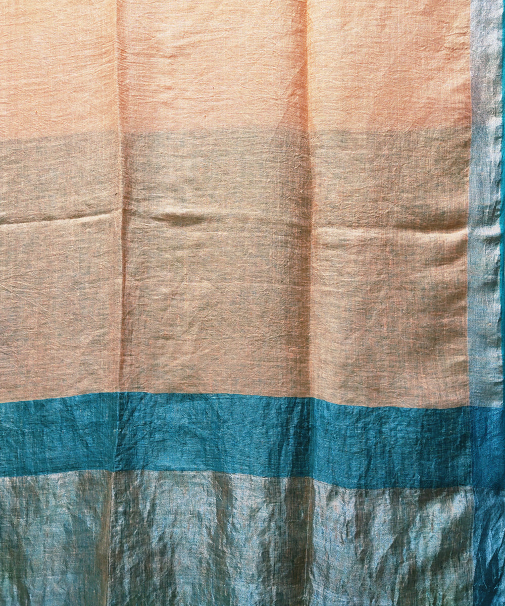 Light orange and teal handwoven linen saree