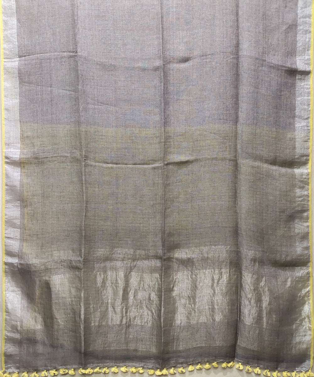 Grey yellow handwoven linen saree