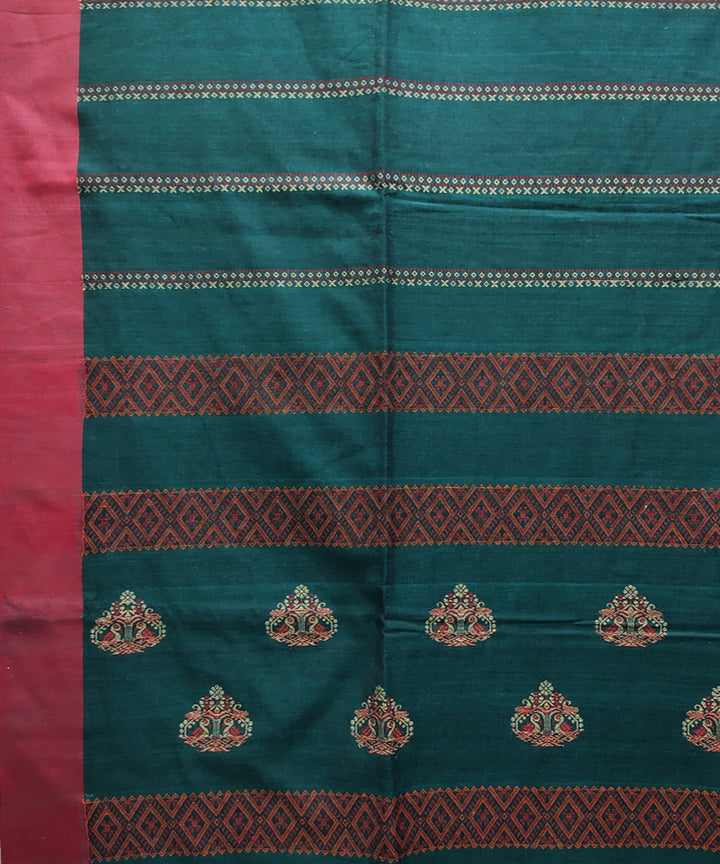 Castleton green red handwoven jacquard handspun cotton saree