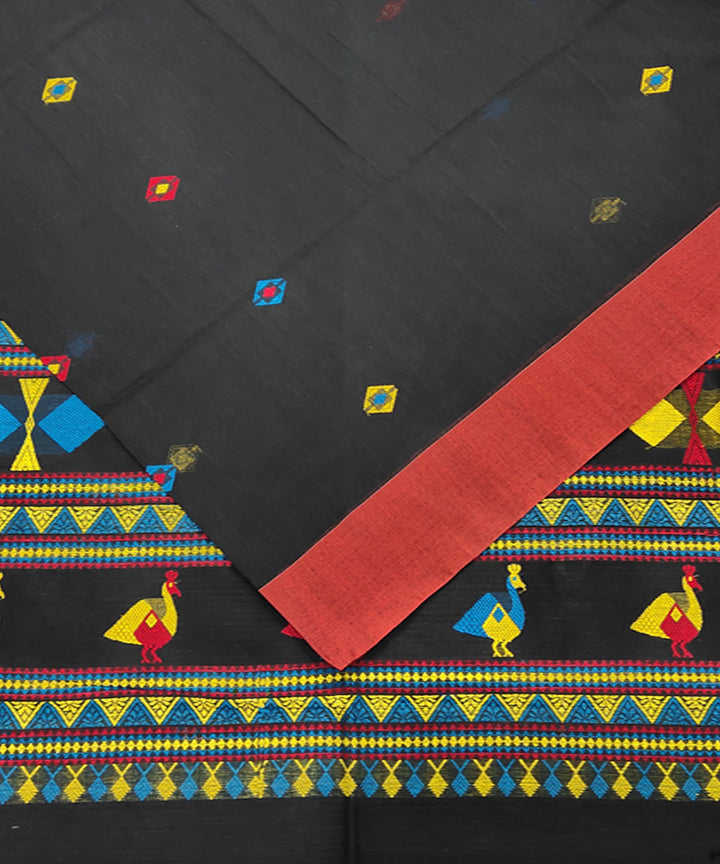 Black red handwoven jacquard mercerised cotton saree