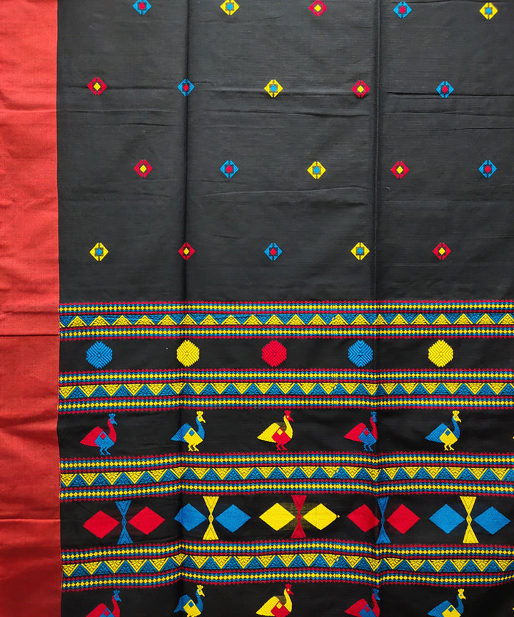 Black red handwoven jacquard mercerised cotton saree