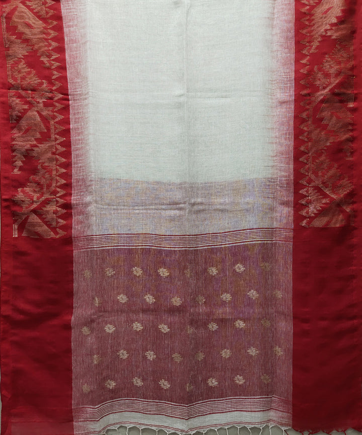 White red handwoven jacquard linen saree