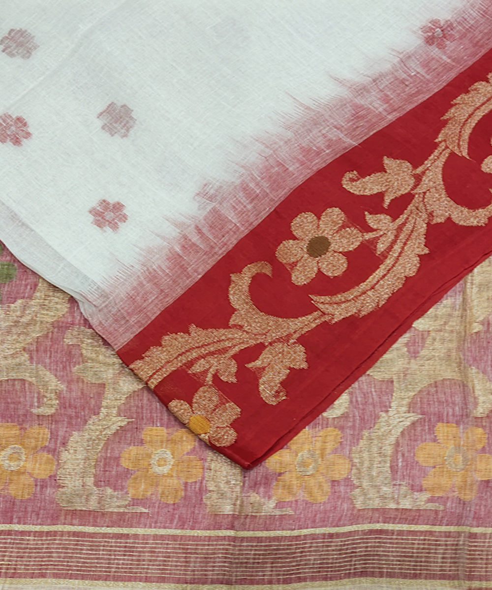 White red handloom jacquard linen saree