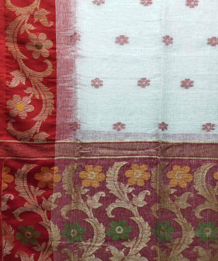 White red handloom jacquard linen saree