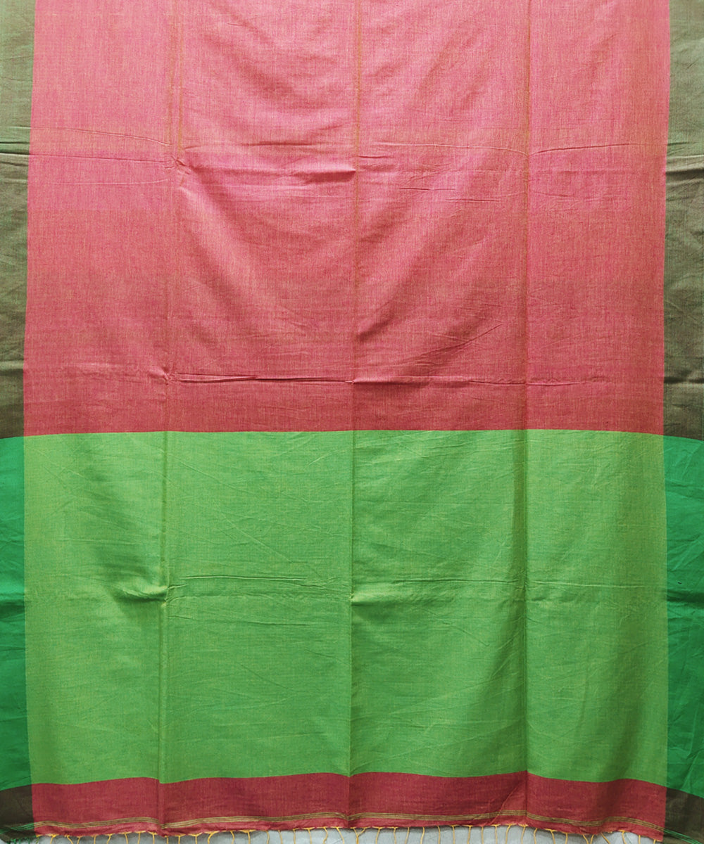 Pink yellow green handwoven handspun cotton saree
