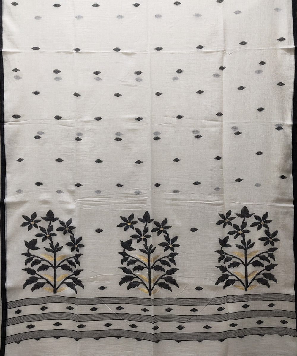 Offwhite black handwoven mulmul cotton jamdani saree