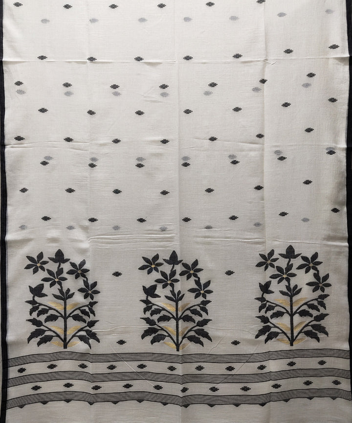 Offwhite black handwoven mulmul cotton jamdani saree