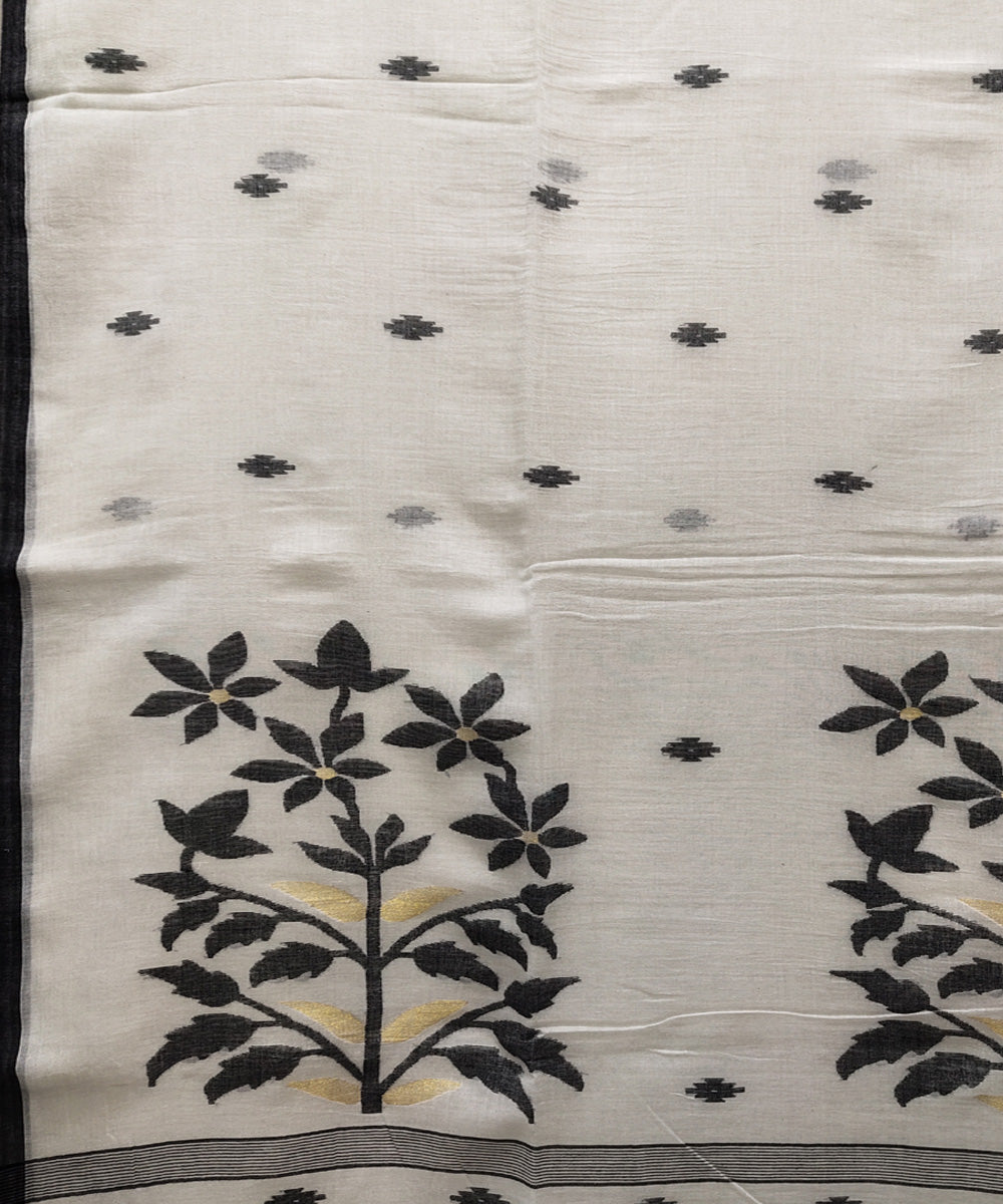 Offwhite black handwoven mulmul cotton jamdani saree
