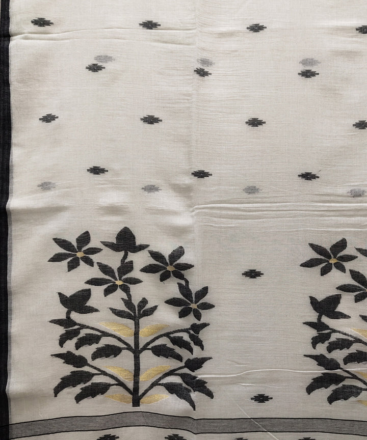 Offwhite black handwoven mulmul cotton jamdani saree