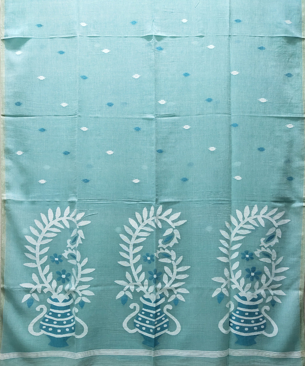 Sea green handwoven mulmul cotton jamdani saree