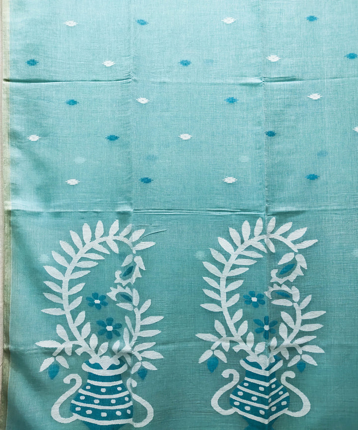 Sea green handwoven mulmul cotton jamdani saree