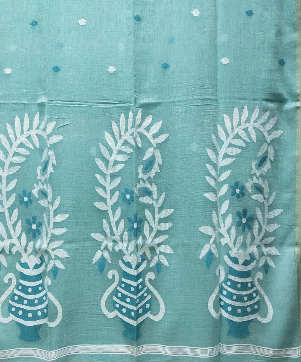 Sea green handwoven mulmul cotton jamdani saree