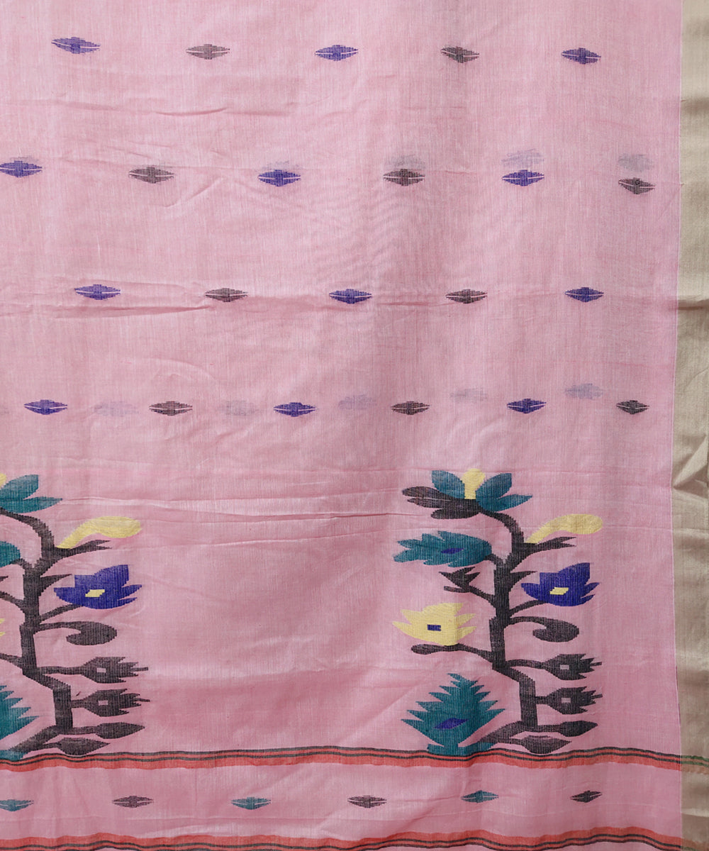 Pink handwoven mulmul cotton jamdani saree