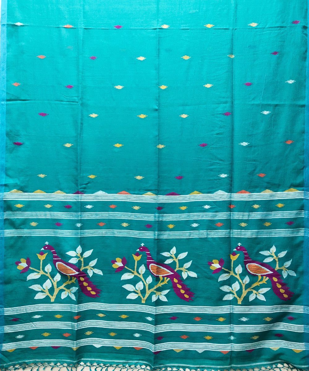 Teal handwoven mulmul cotton jamdani saree