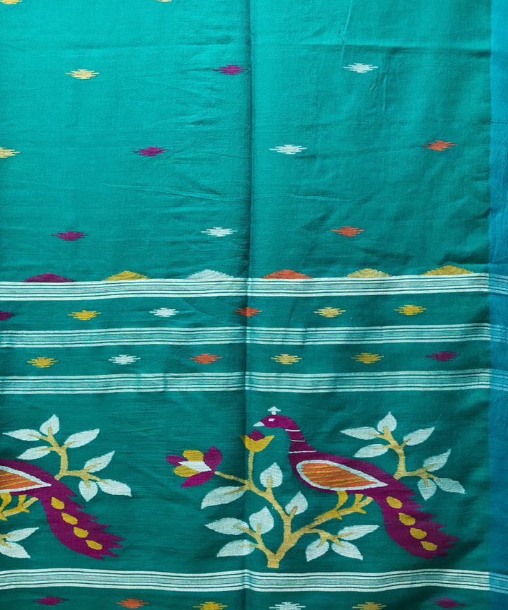 Teal handwoven mulmul cotton jamdani saree