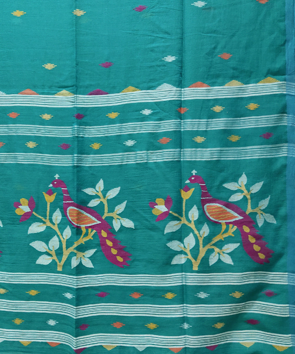 Teal handwoven mulmul cotton jamdani saree