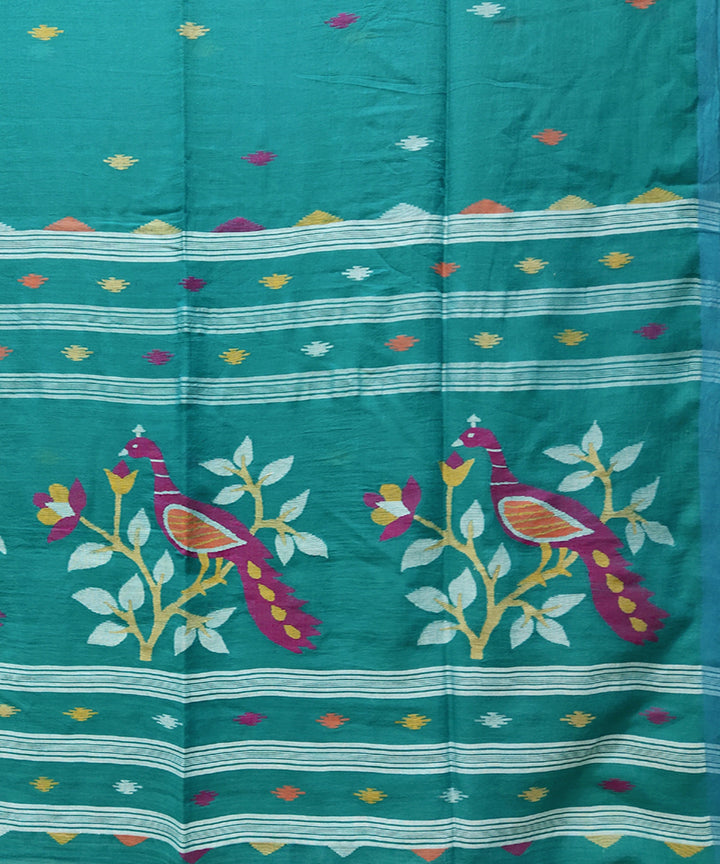 Teal handwoven mulmul cotton jamdani saree