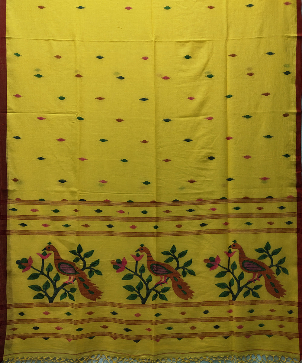 Yellow handwoven mulmul cotton jamdani saree