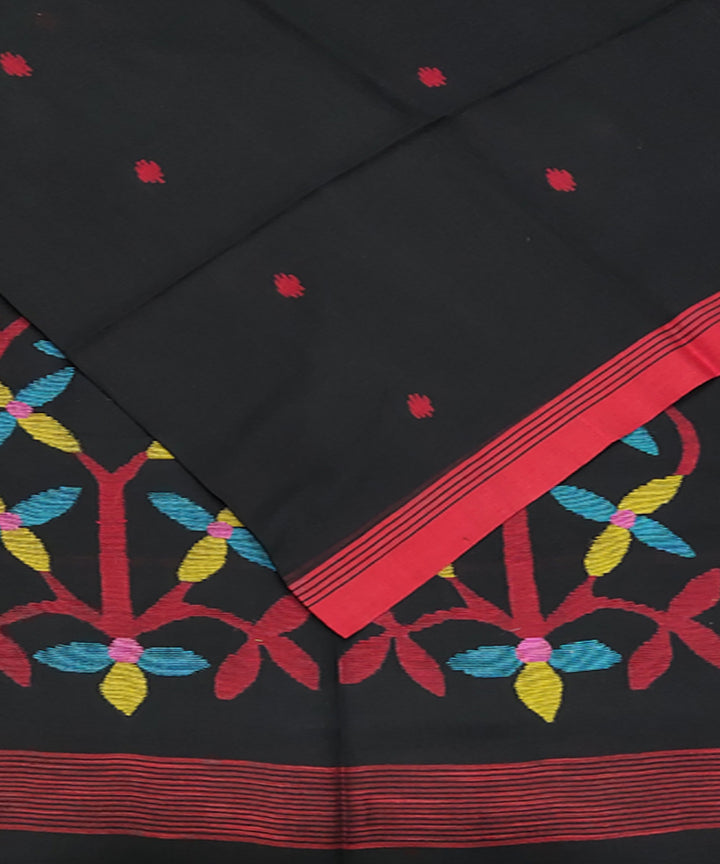 Black red handwoven mulmul cotton jamdani saree