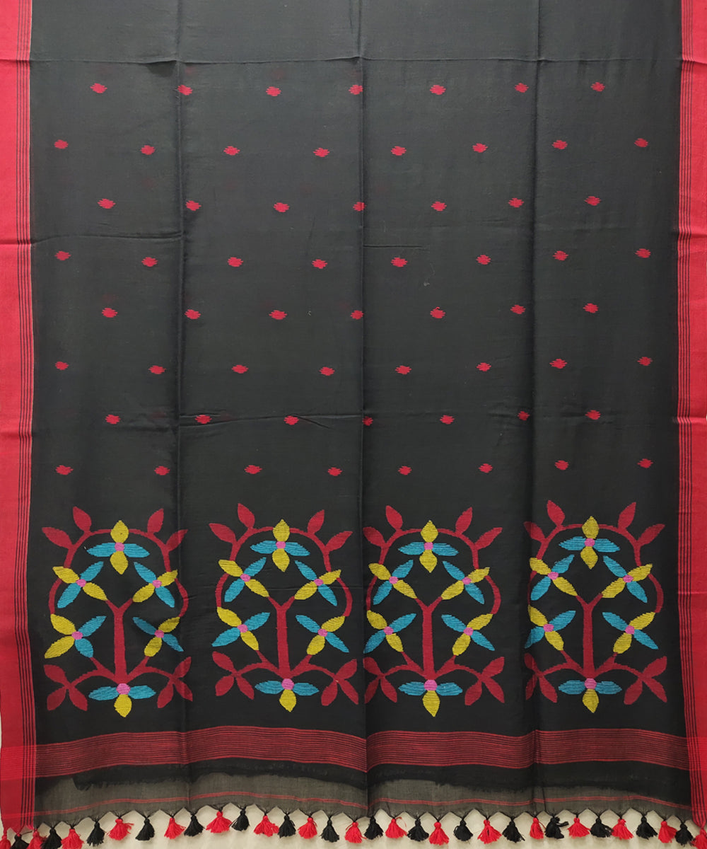 Black red handwoven mulmul cotton jamdani saree