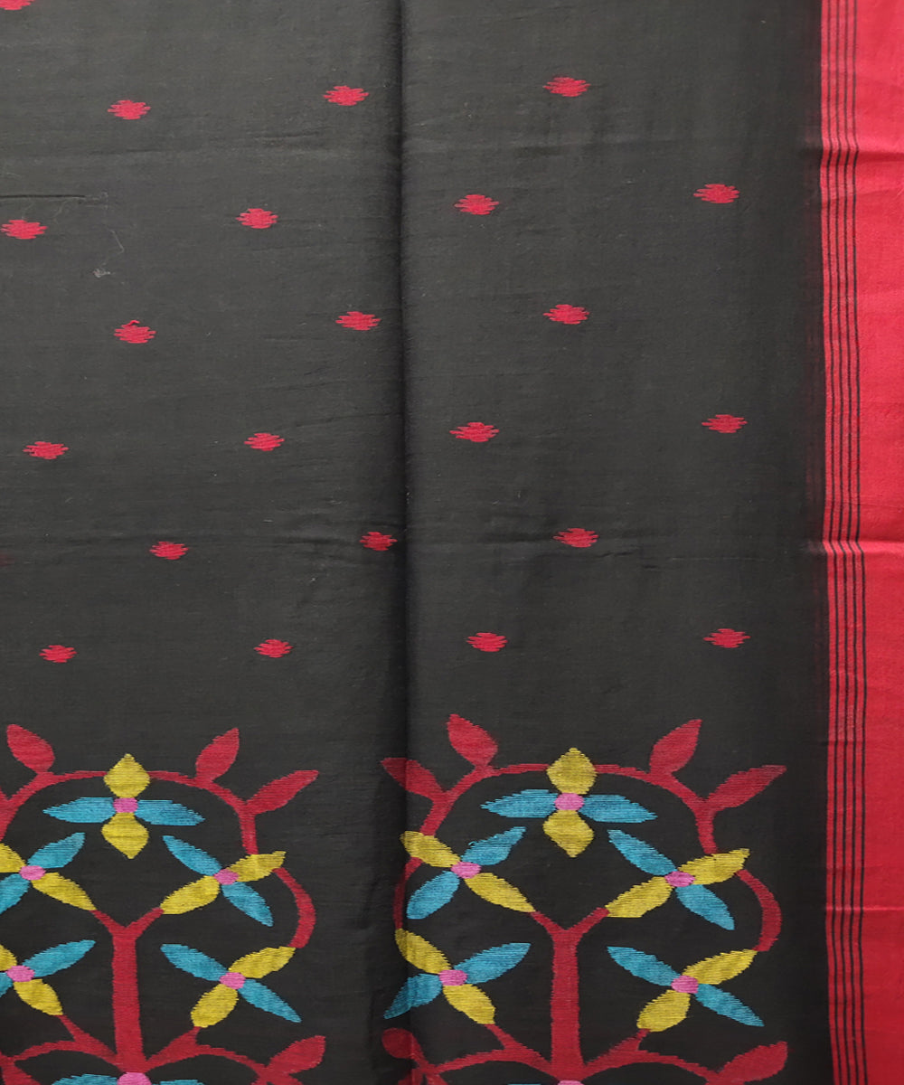 Black red handwoven mulmul cotton jamdani saree