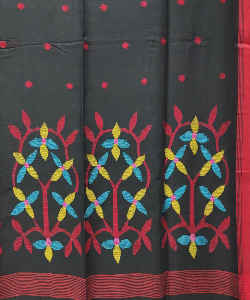 Black red handwoven mulmul cotton jamdani saree