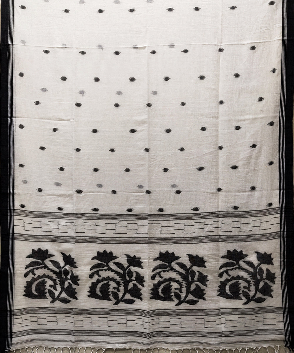 White black handwoven mulmul cotton jamdani saree