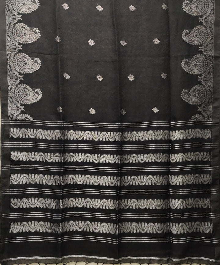 Black handwoven jacquard linen saree