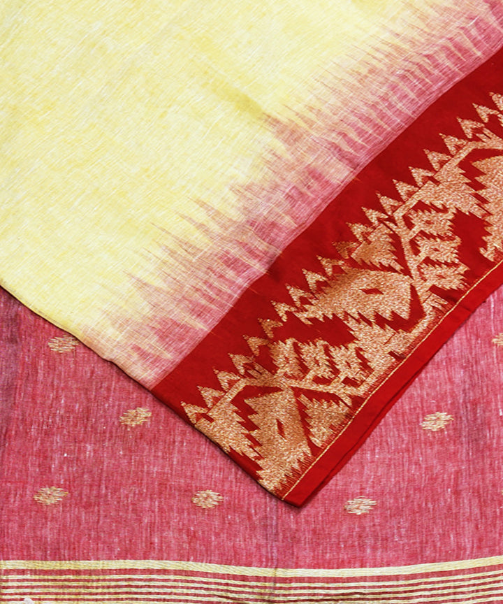 Light yellow and red handwoven jacquard linen saree