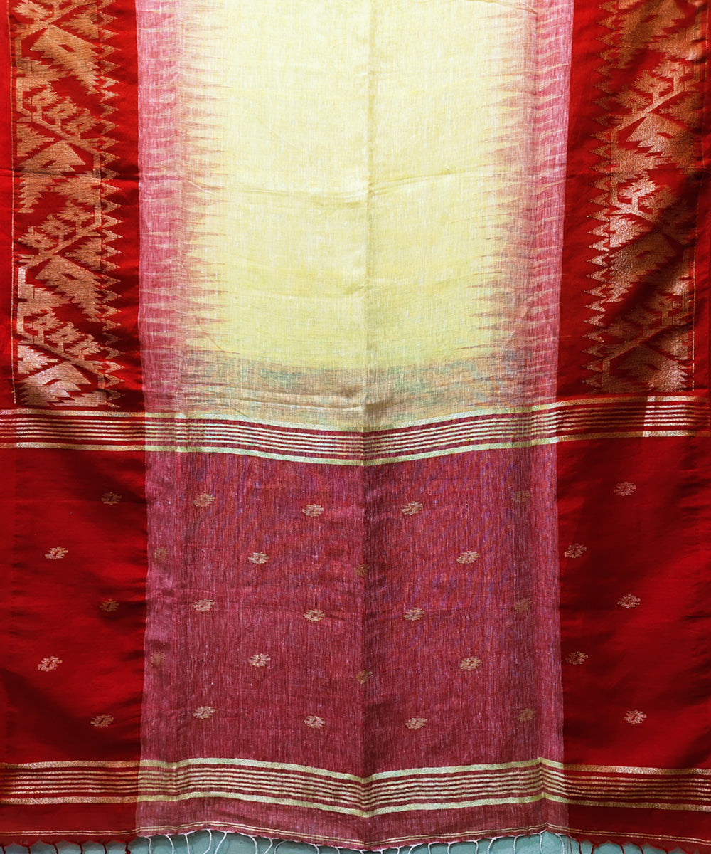 Light yellow and red handwoven jacquard linen saree