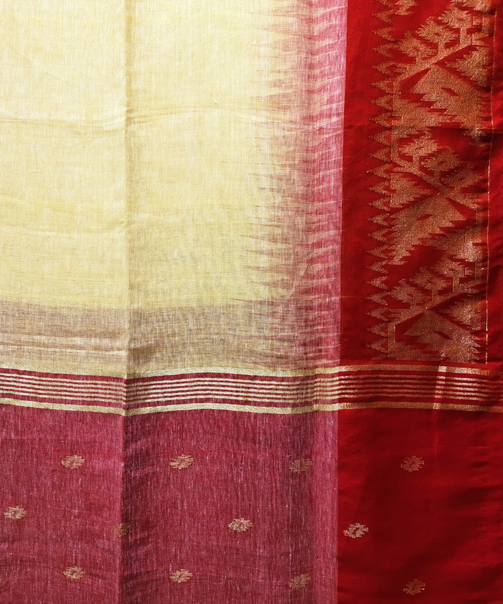 Light yellow and red handwoven jacquard linen saree