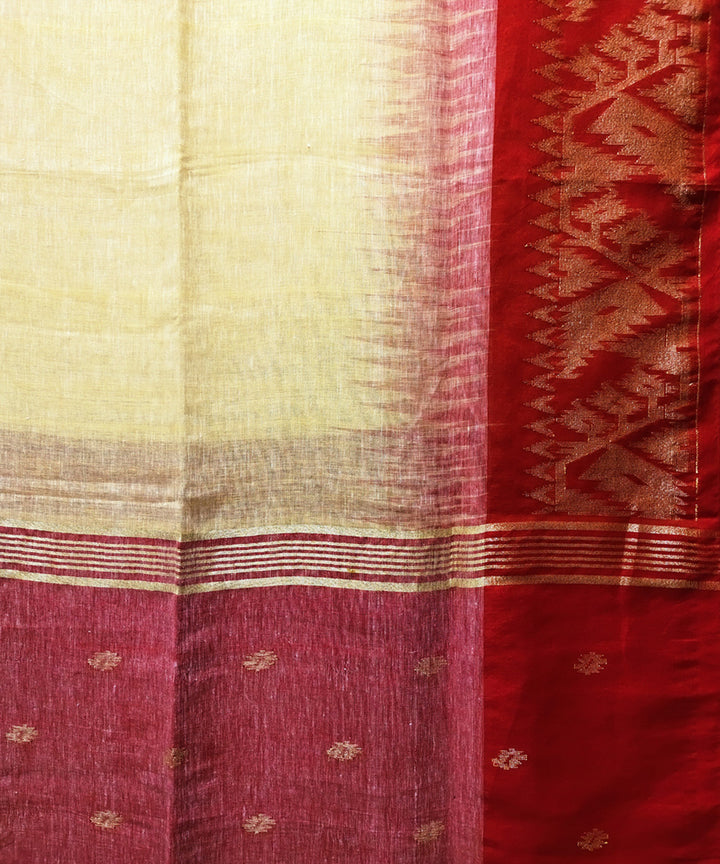 Light yellow and red handwoven jacquard linen saree