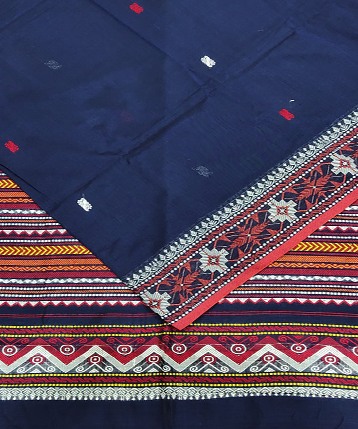 Blue red handwoven jacquard mercerised cotton saree
