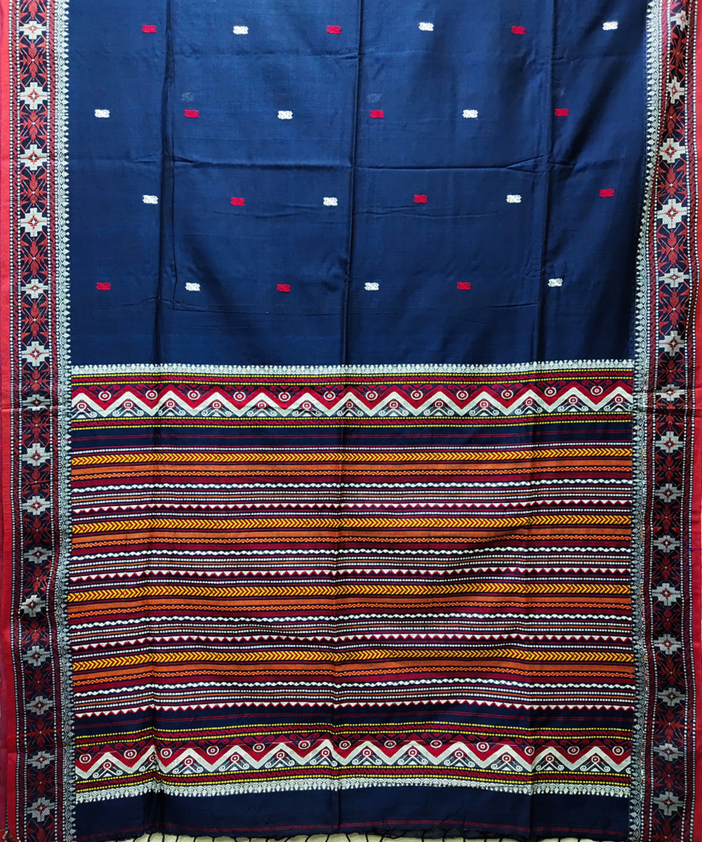 Blue red handwoven jacquard mercerised cotton saree