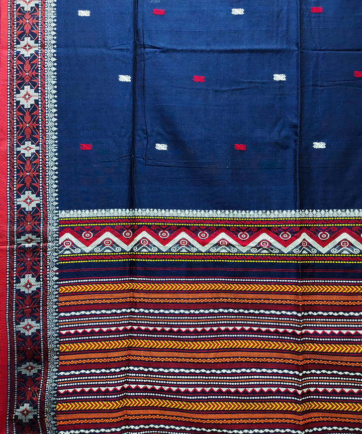 Blue red handwoven jacquard mercerised cotton saree