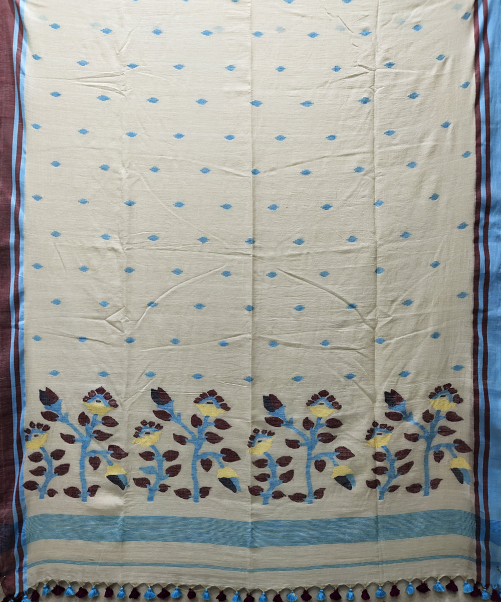 Beige blue brown handwoven mulmul cotton jamdani saree