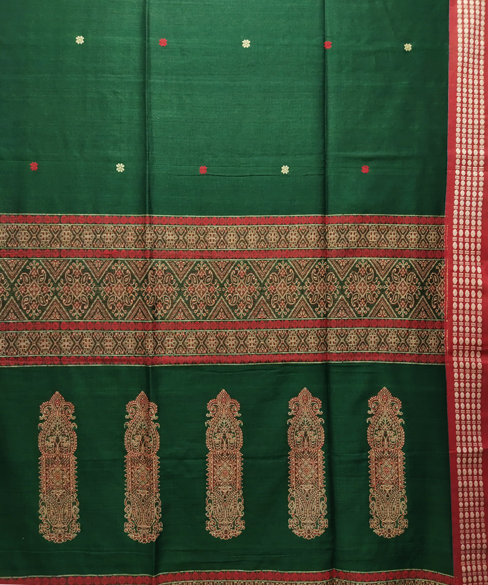 Bottle green red handwoven jacquard mercerised cotton saree