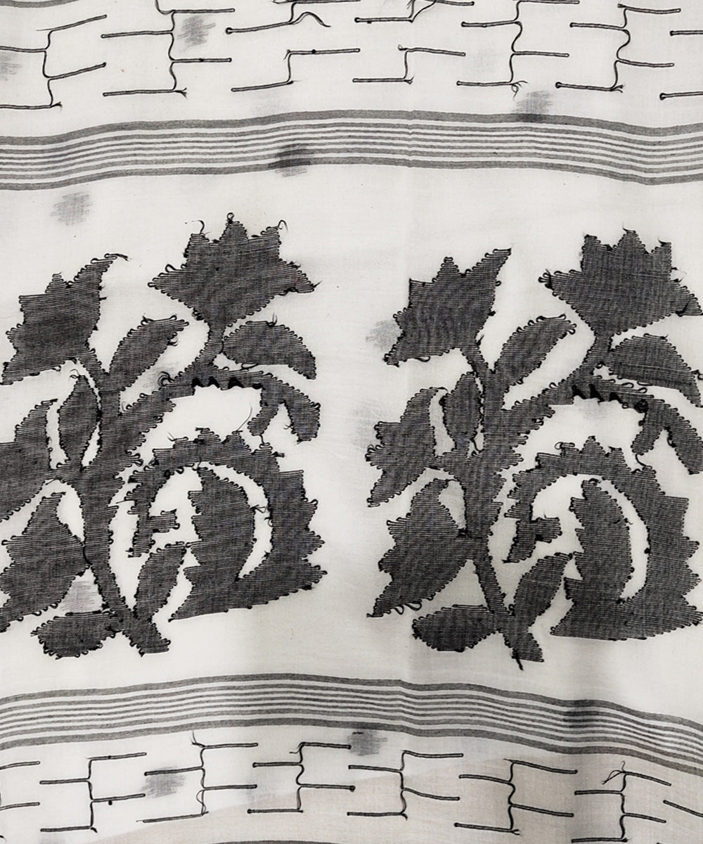 White black handwoven mulmul cotton jamdani saree