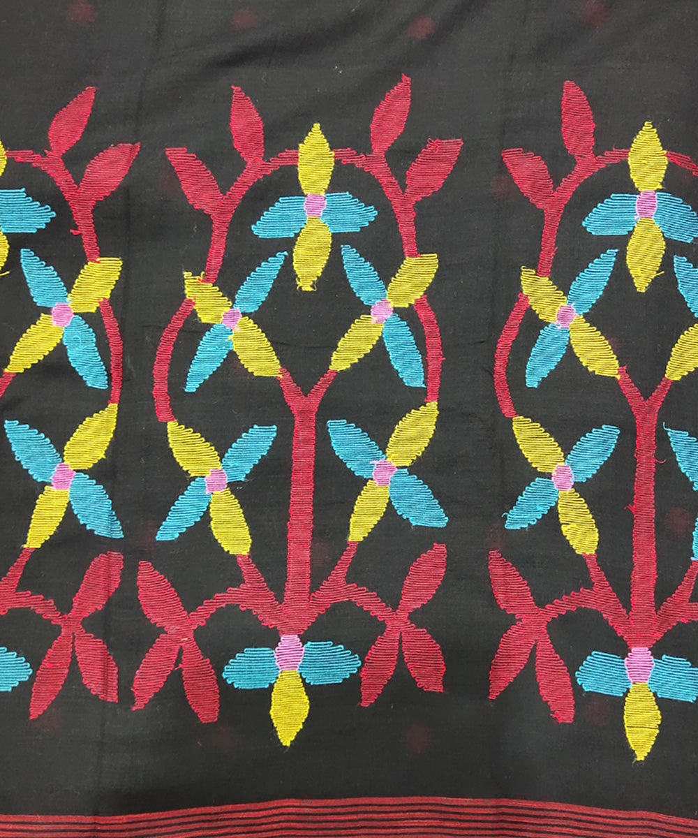 Black red handwoven mulmul cotton jamdani saree