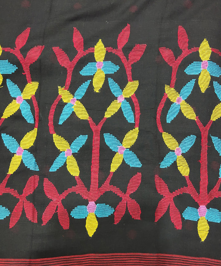 Black red handwoven mulmul cotton jamdani saree