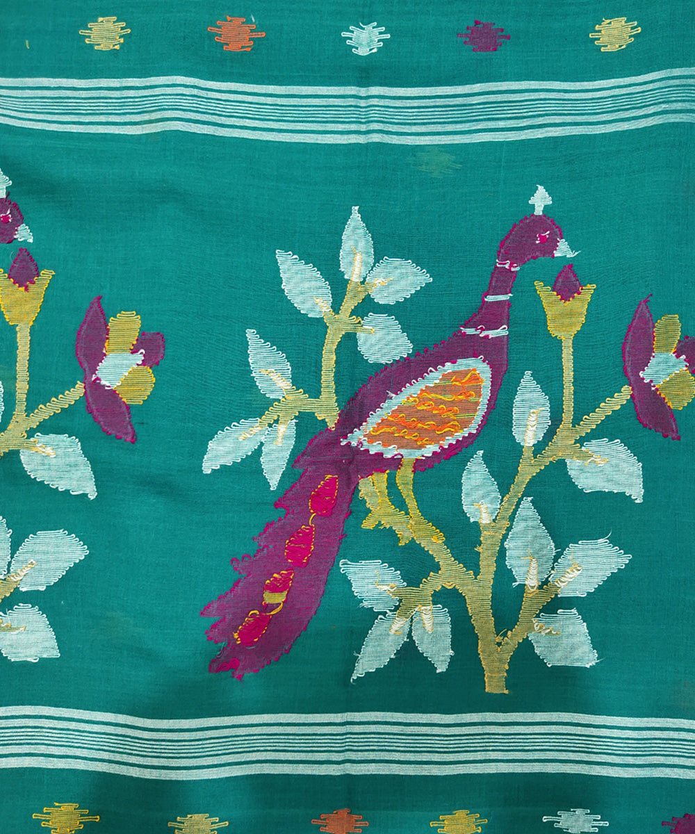 Teal handwoven mulmul cotton jamdani saree