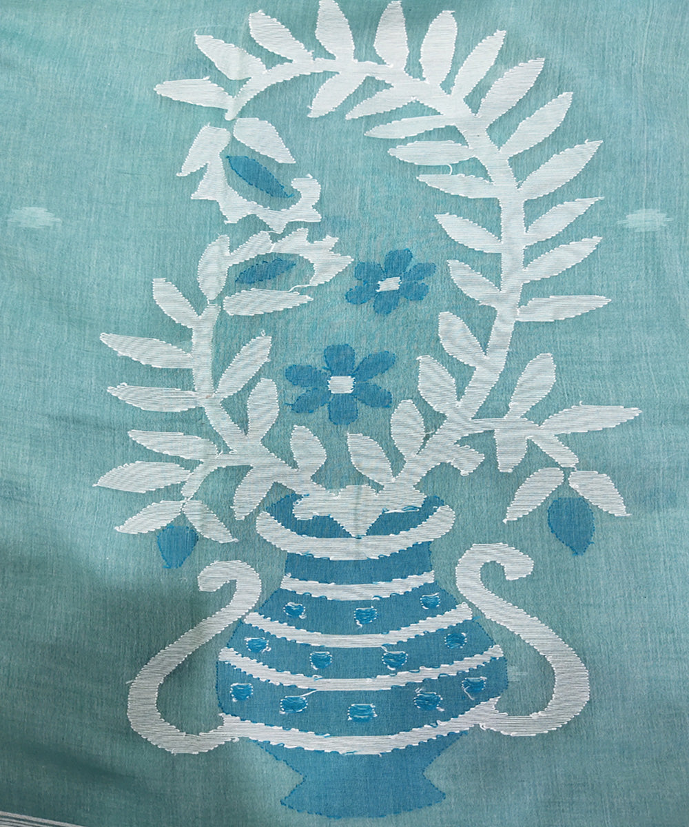 Sea green handwoven mulmul cotton jamdani saree