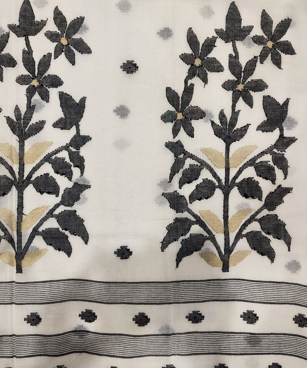 Offwhite black handwoven mulmul cotton jamdani saree