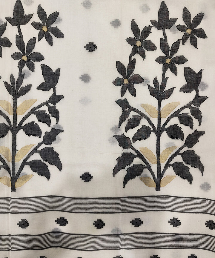 Offwhite black handwoven mulmul cotton jamdani saree