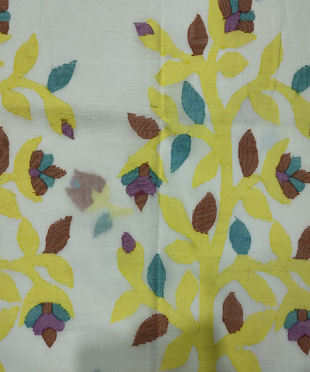 White yellow handwoven mulmul cotton jamdani saree
