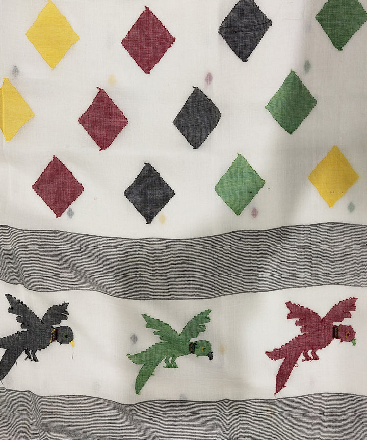 White black handwoven mulmul cotton jamdani saree