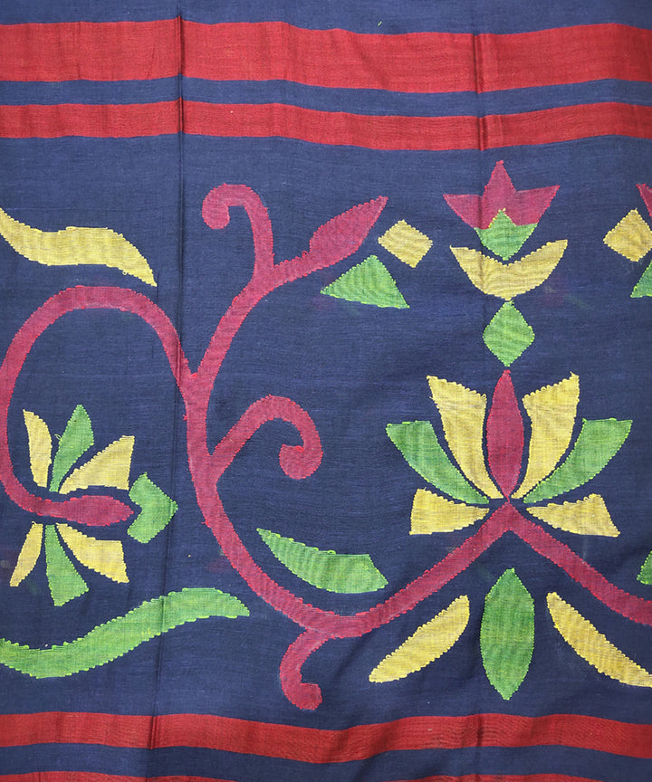 Blue red handwoven mulmul cotton jamdani saree