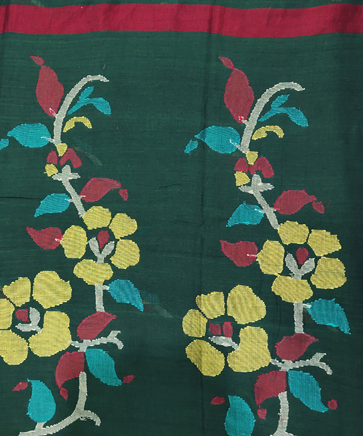 Bottle green red handwoven mulmul cotton jamdani saree