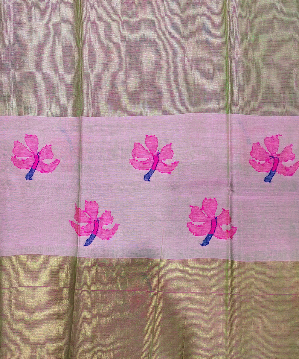 Double shade green pink handwoven mulmul cotton jamdani saree
