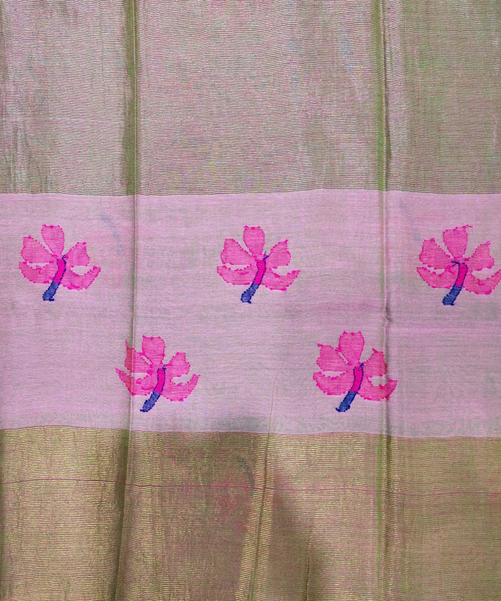 Double shade green pink handwoven mulmul cotton jamdani saree